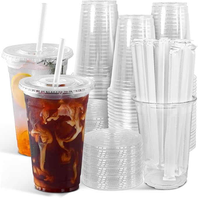 Ginkgo 100-Pack 20oz Clear Plastic Cups with Lids and Straws | Leak-Proof & Sturdy Iced Coffee Cups with Lids, Disposable To Go Cups for Smoothies, Cold Beverages by HOME