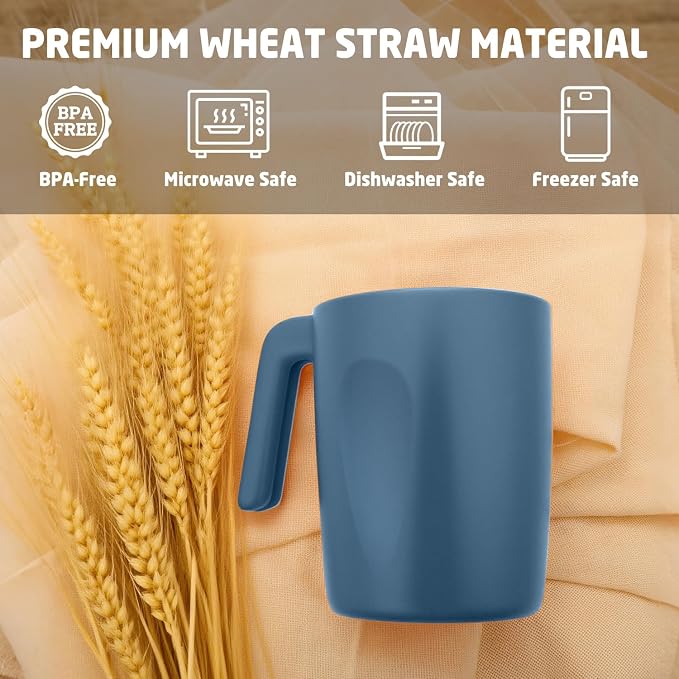 Wheat Straw Coffee Mugs 16 oz, Drinking Cups Set of 6, Plastic Mugs With Handle Unbreakable Coffee Cups, Microwave and Dishwasher Safe Tea Cups for Kitchen, Camping, RV - Blue - Image 3