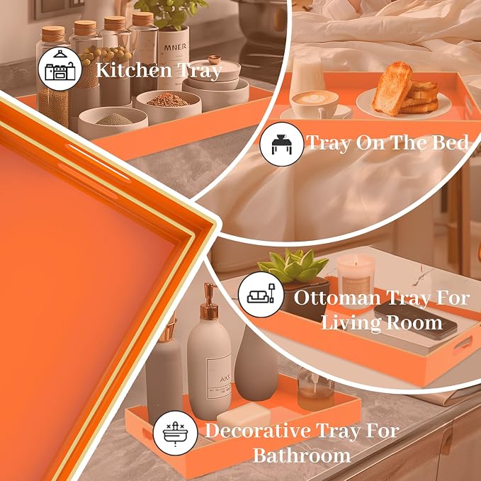 MAONAME Orange Serving Tray with Handles, Plastic Decorative Tray Set of 2 | Decorative Tray for Coffee Table, Modern Ottoman Tray, Rectangle Melamine Tray for Living Room, 15.8"L x 10.2"W x 1.4"H - Image 6
