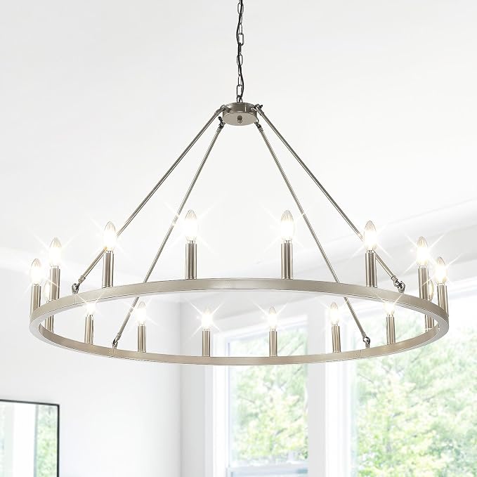 WJShome 16-Light Silver Wagon Wheel Chandelier Farmhouse, 43" Extra Large Chandeliers for High Ceilings, Rustic Round Chandeliers for Dinning Room, Kitchen Island, Entryway, Foyer, Living Room,Bedroom by SofaFurniture