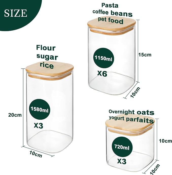 LIBWYS 12-Pack Glass Pantry Storage Jars with Bamboo Lids(0.76/1.22/1.67Qt) | Stackable Dry Food Containers for Pantry Organization, Coffee, Flour, Snacks, Tea, Pasta, Spaghetti | Kitchen Canisters Set - Image 2
