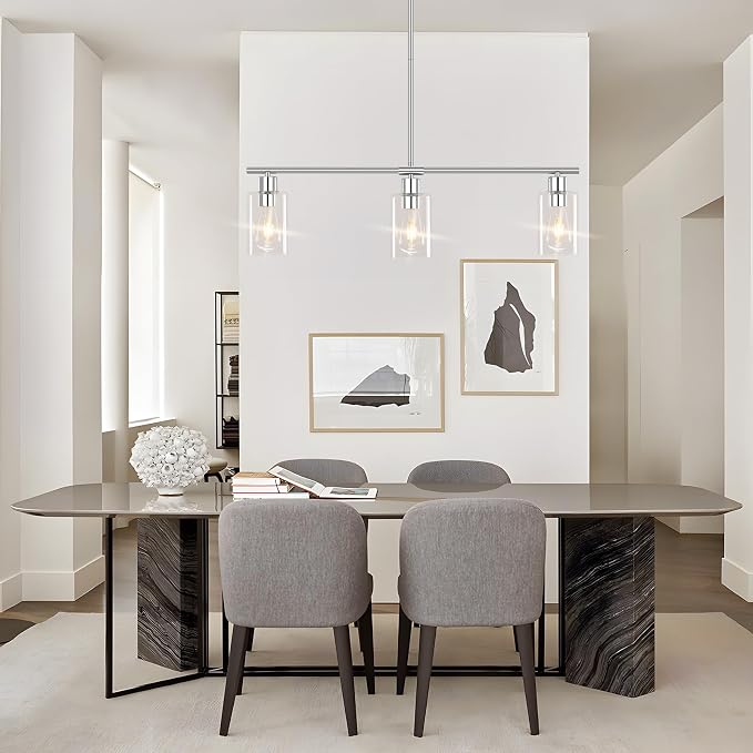 Kitchen Island Lighting, 3 Lights Linear Chandeliers Rectangle Pendant Light Fixtures for Dining Room Farmhouse Hanging Light with Glass Shades(Chrome) - Image 3