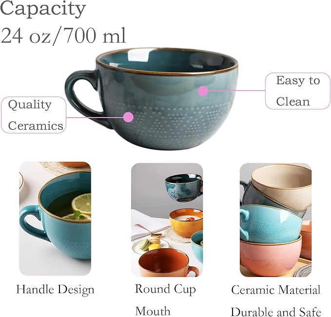 Disoza Large Coffee Cup Ceramic Soup Mug with Handles 24 Ounce Oversized Mugs Bowl Porcelain 700 ML Coffee Tea Cup XXL Cereal Bowls Soups Ramen Salad Bowl Coffee Cappuccino Cups Large Soup Bowl - Image 2