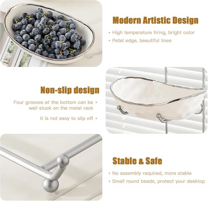 Ceramic Fruit Bowl for Kitchen Counter - 3 Tier Fruit Basket with Metal Stand, Tiered Fruit Stand for Countertop, Snack, Nuts, Cake, Dessert, Cute (Silver-rimmed, Small) S1 - Image 3