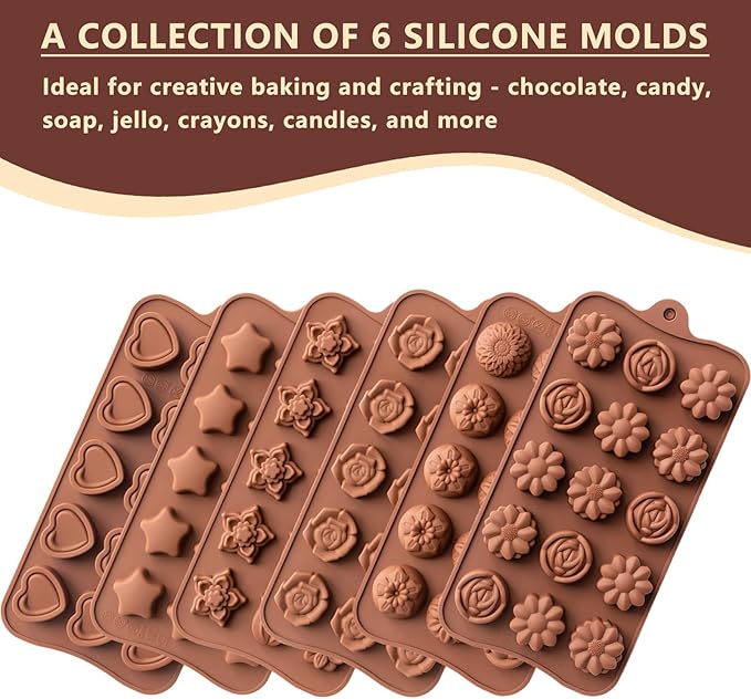 6 Pcs Silicone Chocolate Mold Set - Food-Grade Non-Stick Candy Molds Cookery Moulds for Chocolate, Candy, Jello, Soap & Crayon - Flower Shapes