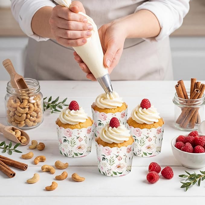 Qinyoung 150 Pcs Pink Floral Cupcake Wrappers Liners Rose Paper Baking Cups Greaseproof Disposable Scalloped Flower Cupcake Muffin Cases for Spring Summer Wedding Baby Shower Birthday Tea Party Decor - Image 3