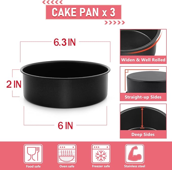 E-far 6 Inch Cake Pan Set of 3, Nonstick Stainless Steel Small Round Cake Pans Tin for Baking Layer Cakes, Stainless Steel Core & Non-toxic Coating, Straight Side & 2 Inch Deep - Image 6