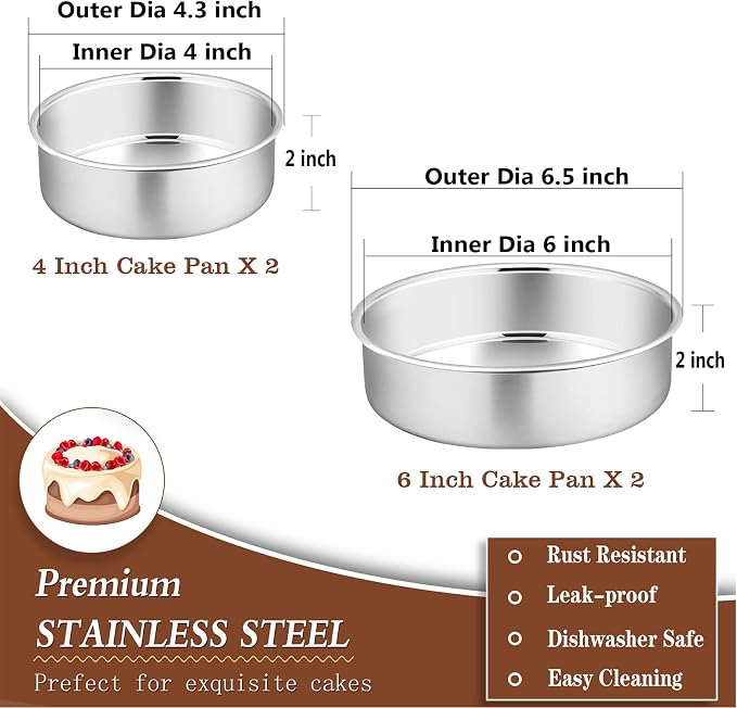 P&P CHEF Cake Pan Set for Baking, 4" + 4" + 6" + 6" Round Cake Pans Tins | 4 Pieces & 2 Sizes, Premium Stainless Steel, Ideal for Layer Tier Cakes in Birthday Wedding, Oven & Pot & Dishwasher Safe - Image 2
