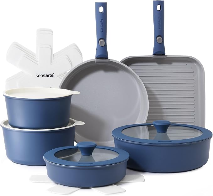 SENSARTE 17 Piece Ceramic Detachable Handle Pots and Pans Set Navy | Ceramic Cookware Set, Induction Cookware Set with Removable Handle, Healthy Non Stick for RV, Dishwasher ＆ Oven Safe by SENSARTE