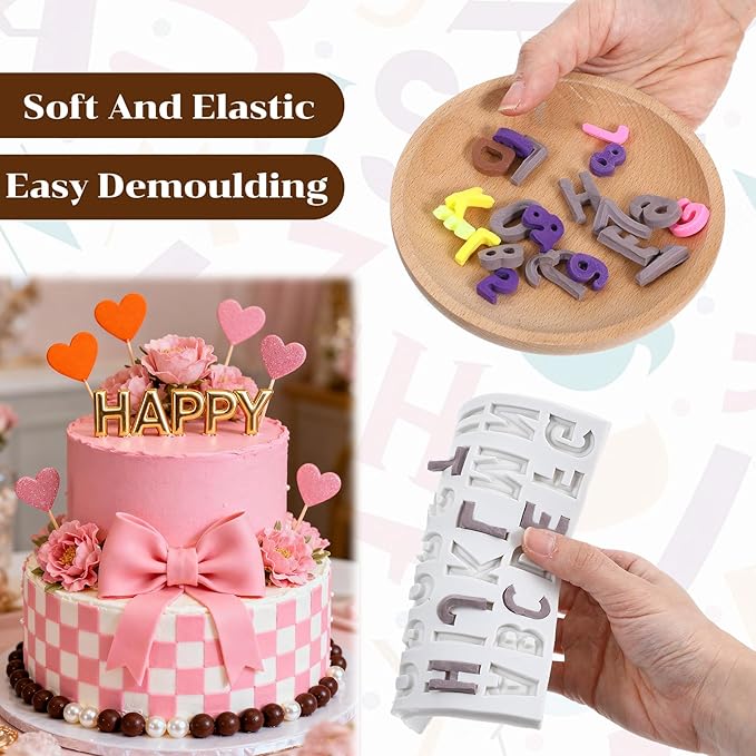 2Pcs Alphabet Numbers Silicone Molds Set, Reusable Silicone Molds for Craftse, Non-Stick Fondant Mold for Baking, Cake Decorating, and Edible Crafts