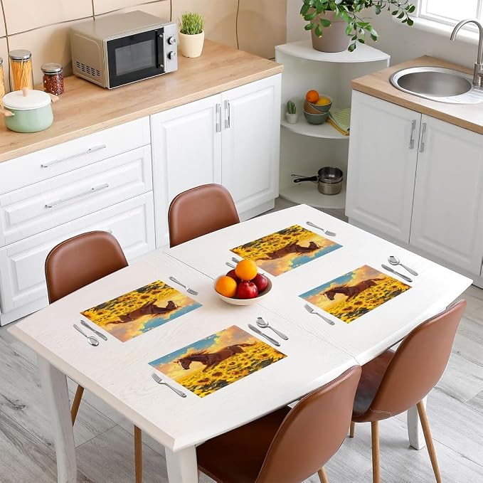 Feelyou Horse Placemats Set of 4 18"x12" Galloping Horse Table Place Mats Decor Sunflower Placemat for Kitchen Dining Table Women Men Cute Animal Decor Indoor Outdoor Decor Table Mats - Image 3