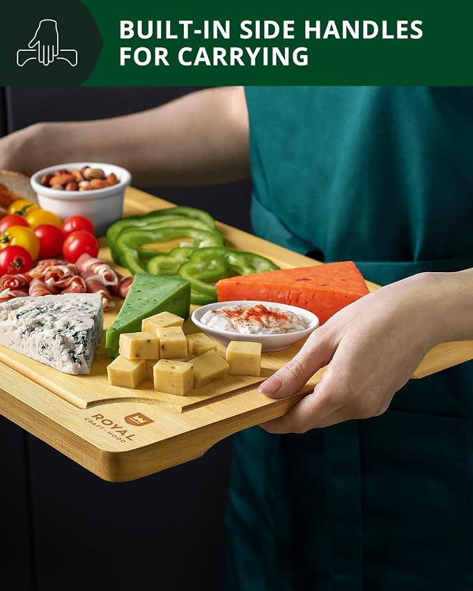 ROYAL CRAFT WOOD Wooden Cutting Boards for Kitchen Meal Prep & Serving - Bamboo Wood Serving Board Set with Deep Juice Groove Side Handles - Charcuterie & Chopping Butcher Block for Meat - Image 8