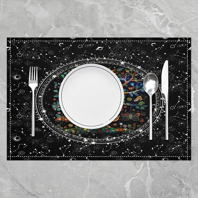 Feelyou Boho Exotic Tree Table Place Mats, Set Bohemian Life Tree Placemats Set of 4 Sun Moon Placemat for Kitchen Dining Table Decor Indoor Outdoor for Women Men Galaxy Astrology Space 18"x12" - Image 2