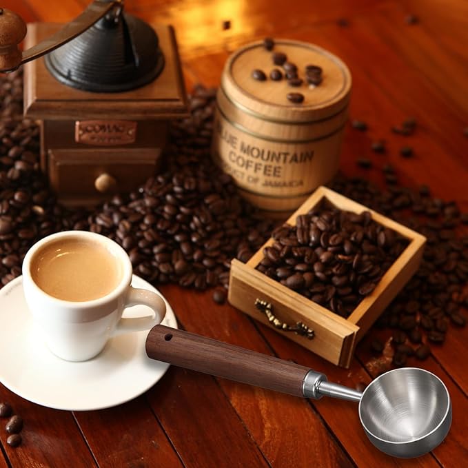 Vintage Coffee Scoop 10g/30ml Capacity 2pcs Retro 304 Stainless Steel Coffee Measuring Spoon Walnut Wooden Handle Coffee Scoop Kitchen Utensil for Measuring Scooping Tea Coffee Spices (Long Handle)