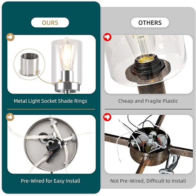 5 Lights Brushed Nickel Modern Farmhouse Chandelier for Dining Room with Glass Shade, Pre-Wired Height Adjustable Pendant Ceiling Lighting Fixture for Dining Living Room Bedroom Kitchen Foyer - Image 5