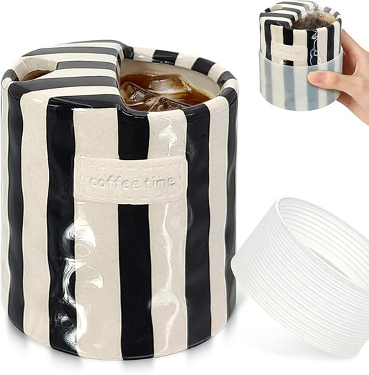 10 oz Ceramic Coffee Mug with Sip Hole & Silicone Sleeve, Black | Cute Hand-Painted Striped Porcelain, Gift for Coffee Lover, Cold & Hot Drinks, Microwave & Dishwasher Safe by ZLEVEAYN
