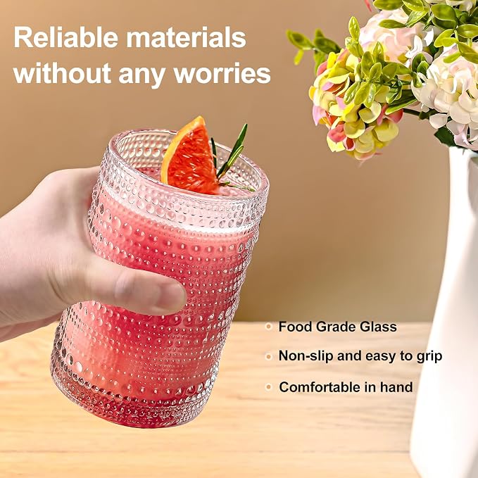 ZMOWIPDL Drinking Glasses Set of 6,15 oz Clear Hobnail Glass Cups | Vintage Glassware，Embossed Water Tumbler,for Beer,Cocktail,Whiskey,Juice and Various Mixed Drinks- 1 Cleaning Brus - Image 5