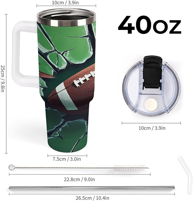 Football Impact on Cracked Glass Tumbler with Handle Insulated Water Travel Coffee Mug Bottle with Lid And Straw Stainless Steel Leak Proof Vacuum Insulated Cup 40 OZ