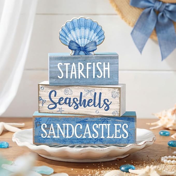 Moucuny 4 Pcs Nautical Beach Decor Shell Tiered Tray Decoration Blue Bow Table Centerpieces Summer Rustic Decorative Block Signs Gift Farmhouse Table Sign for Home Kitchen Shelf - Image 7