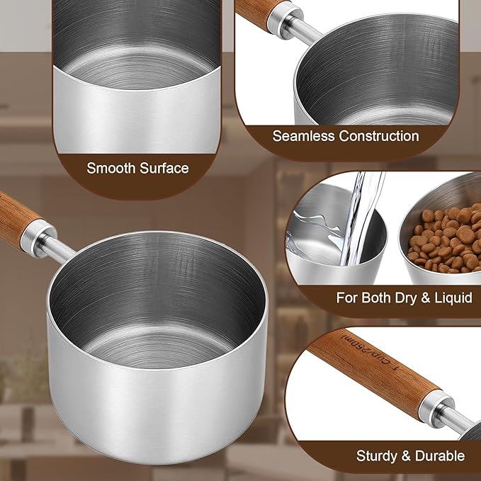 Measuring Cup with Wooden Handle, 1 Cup Stainless Steel Measure Scoop 250 ml Dog Cat Food Scoop for Wet and Dry Ingredients