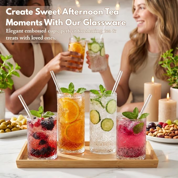 Clear Drinking Glasses Set of 8, 12 Oz Highball & 10 Oz Cocktail Glasses with Straws, Thick Glass Iced Coffee Cups, Floral Embossed Kitchen Vintage Glassware Set for Water, Beer, Juice, Whiskey - Image 3