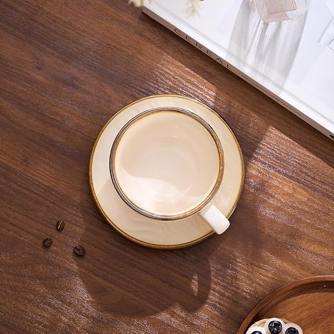 Coffeezone Vintage Design 12 oz Ceramic Latte Art Cappuccino Barista Cup with Saucer (Wave Beige) - Image 4