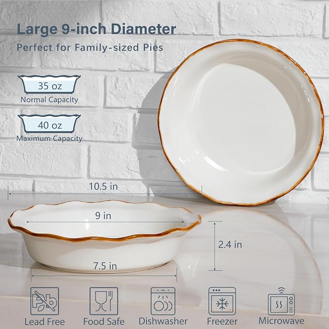ONEMORE 9-Inch Deep Dish Pie Pan - Ceramic Pizza Pan for Oven, Baking Chicken Pot Pie, Quiche & Tarts - Rustic White Dish for Perfectly Crispy Crust, Large Ruffled Baking Plate - Image 5