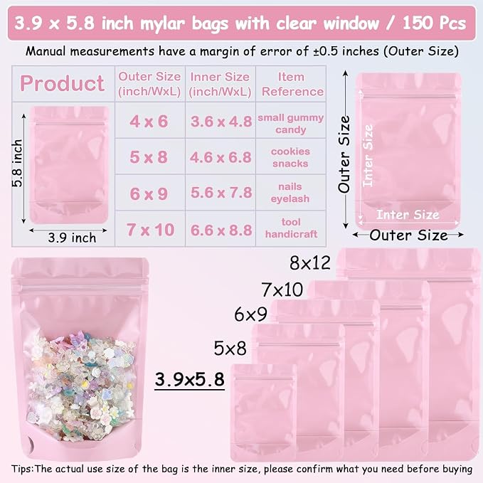 150 Pcs 4x6 Mylar Bags for Food Storage Mylar Bags with Window Stand Up Pouches Small Resealable Smell Proof Bags Freeze Dried Candy Packaging Bulk - Image 5