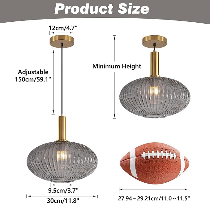 KCO Vintage Gold Brass 11.8” Large Smoke Gray Ribbed Glass Pendant Light | E26 Base, Oval Lantern Shade, Mid Century Modern Adjustable Hanging Lamp for Kitchen Island Dining Room Entryway Bedroom Bar - Image 2