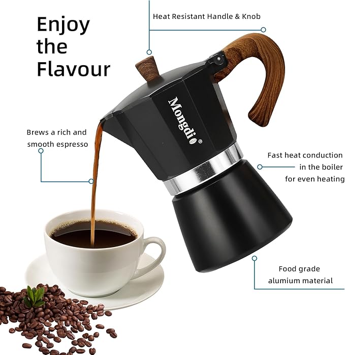 Mongdio Stovetop Espresso Maker Moka Pot, Cuban Coffee Maker Stove top coffee maker Moka Italian Espresso Greca Coffee Maker Brewer Percolator, 3 Espresso Cups, 5 oz - Black