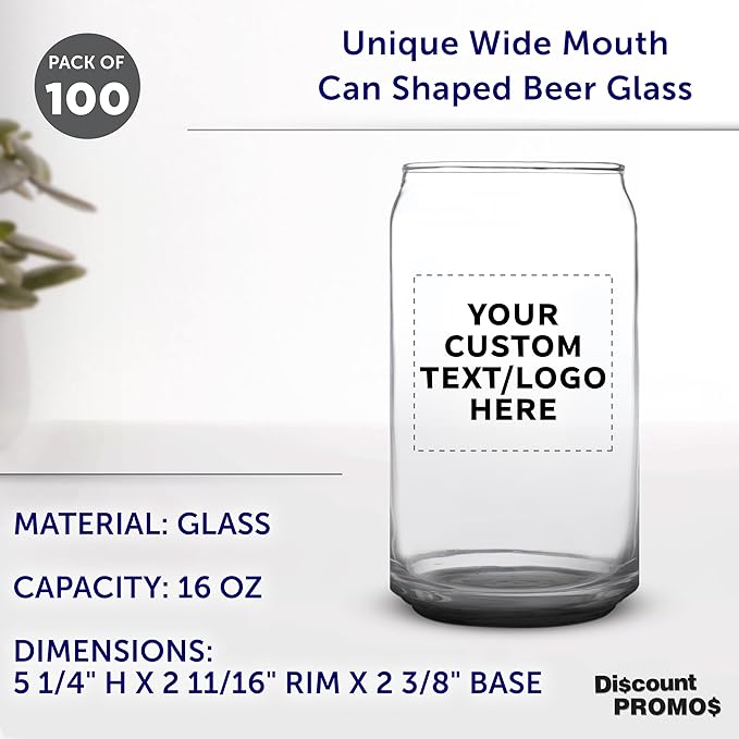 Custom Beer Can Glasses Set of 100, 16 oz. Pint Sized, Promotional Text, Logo, Soda Can Shape, Glassware, Black