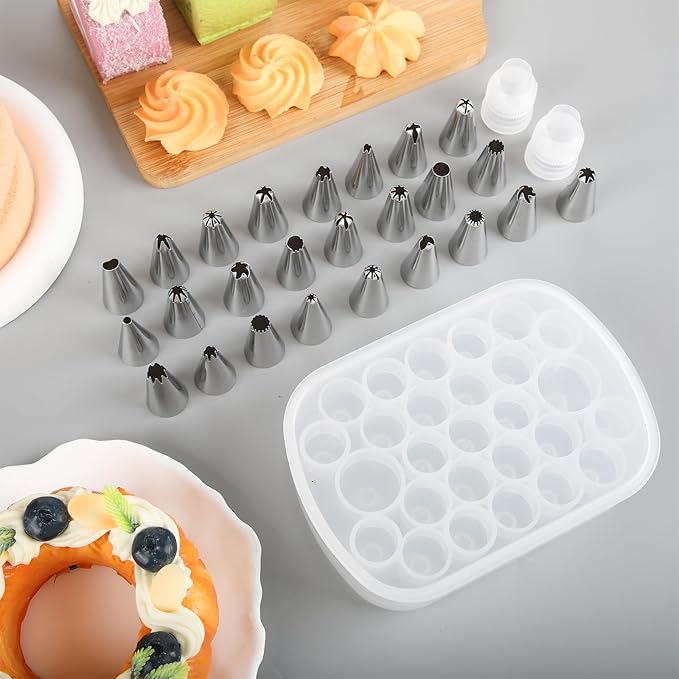Piping Tip Organizers Box 27 Grids Storage Container Box with 25 Pcs Seamless Piping Tips 2 Adapters Baking Organizer Compartment for Stainless Steel Nozzles Tip Cake Decorating Tools Jewelry Beads