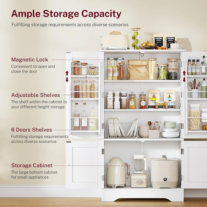 TEENFON 43'H Pantry Cabinet with 4 Doors, Kitchen Cabinet with 6 Door Shelves, Storage Cabinet-Kitchen Pantry for Living Room, Dining Room, Bathroom, White - Image 4