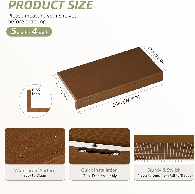 Wire Shelf Covers, Bamboo Wire Rack Covers for Pantry, Closet，Kitchen (4pcs, 24" W x 12" D, Walnut) - Image 2