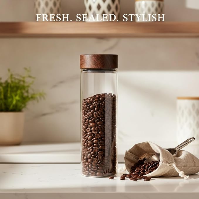 Glass Storage Jar with Acacia Wood Lid, Borosilicate Food Canister for Coffee Beans Tea Sugar Dry Pantry Staples (1 PC) - Image 2