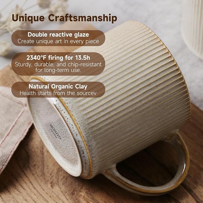MONITO 16Oz Coffee Mugs Set of 4, Rustic Ceramic Coffee Cups Set with Large Handle, Vintage Striped Stoneware Coffee Mugs for Latte, Cocoa, Tea, Milk, Microwave & Dishwasher Safe, Bonbon Beige - Image 5