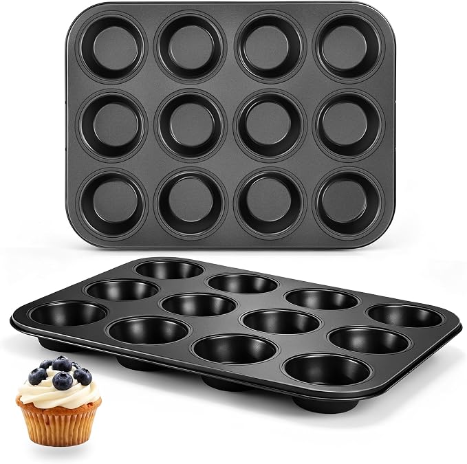 E-far 12-Cup Muffin Pan, 2 Pack Nonstick Carbon Steel Cupcake Pan Tin Tray | Metal Bakeware Muffin Baking Tins for Oven, Standard Size, Ideal for Muffins, Cake Tart, Brownies, Easy Clean & Non-toxic by E-far