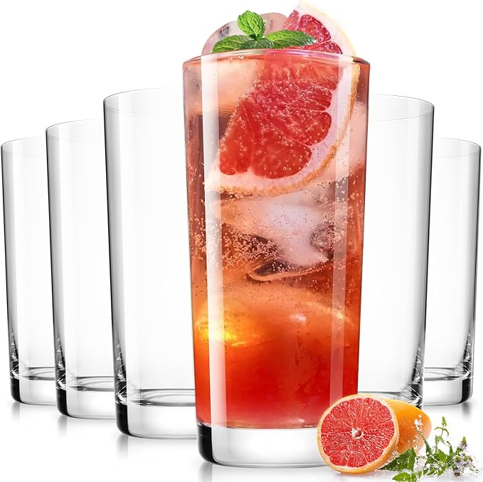 Drinking Water Glass Cups Set,Crystal Highball Glasses cups set of 6,16oz | Wide Mouth Design Clear Tall Glassware for Cocktail Parties, Family Dinners by LUNAMANTHA