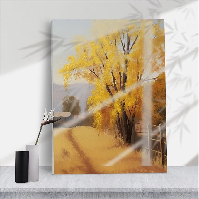 Warm Autumn Farm Lane Stretched Canvas Print,Serene Impressionist Landscape Golden Tree Rustic Fence Distant Buildings for Cozy Living Room,8''x12'' Framed Modern Canvas Wall Art by Unknown