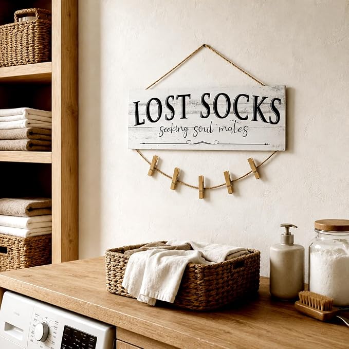 Laundry Room Signs Wall Decor: Lost Socks Sign - Seeking Soul Mates Quotes Funny Laundry Signs Rustic Farmhouse Laundry Room Door Sign Canvas Prints Wall Plaques Hanging Decor 6" x 14.5" - Image 6