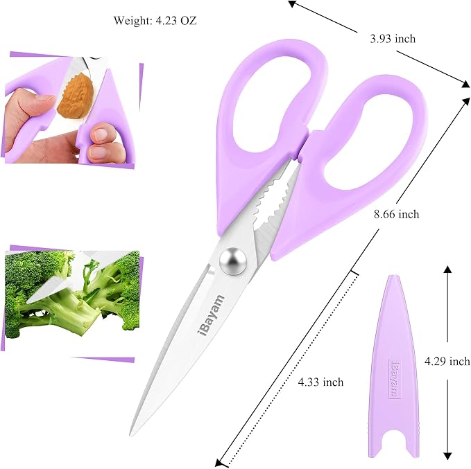 iBayam Pastel Kitchen Scissors All Purpose Heavy Duty & Cover, Pink/Purple | Dishwasher Safe, Comfort Grip, 8.7" Stainless Steel Sharp Food Scissors Poultry Shears Kitchen Utensils Accessories, 2-Pack - Image 3