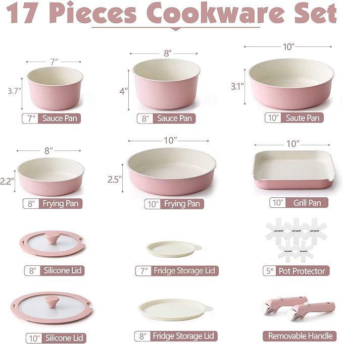 SENSARTE 17 Piece Ceramic Detachable Handle Pots and Pans Set Pink | Ceramic Cookware Set, Induction Cookware Set with Removable Handle, Healthy Non Stick for RV, Dishwasher ＆ Oven Safe - Image 2
