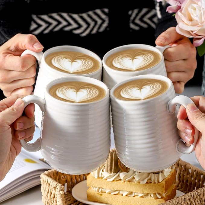 HASENSE Coffee Mugs, 15oz Ceramic Coffee Cups Set of 4, Clay-Infused White | Large Tea Cup with Comfortable Handle for Milk Cocoa Cappuccino, Prefect for Women Men Gift Dishwasher Microwave Safe - Image 7