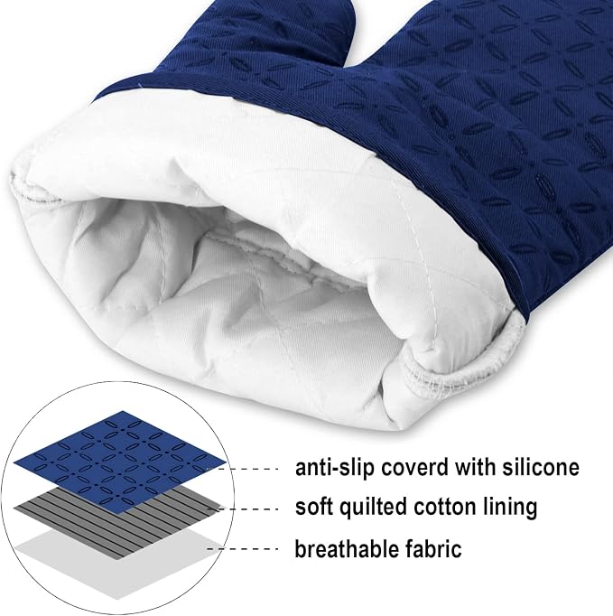 KEGOUU Oven Mitts and Pot Holders 6pcs Set, Kitchen Oven Glove High Heat Resistant 500 Degree Extra Long Oven Mitts and Potholder with Non-Slip Silicone Surface for Cooking(Marine Blue) - Image 3