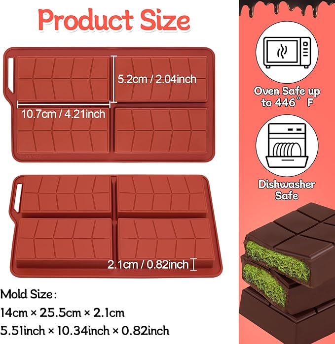 Chocolate Bar Molds Deep Silicone Non Stick 2 Pack,Dubai Shapes Thick Candy Stuffed Bar Mold for Filling Big Knafeh Pistachio Granola Bar Snacks