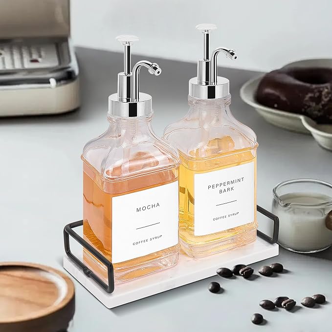 Coffee Syrup Dispenser for Coffee Bar, Clear Glass Syrup Bottles with Pump, Refillable Maple Syrup Storage, Coffee Station Accessories and Organizer, 500ml, Set of 2 + Tray (Chrome Finish)