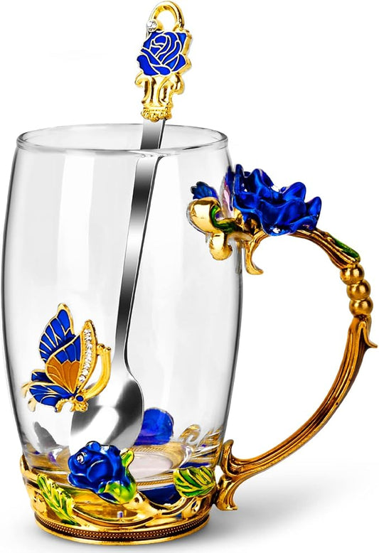 OEAGO Gifts for Mom Women Mothers Day Glass Coffee Enamels Mug Best Birthday Butterfly Rose Gifts for Her from Daughter Son Lead-Free Christmas Blue Tea Cup with Spoon Set by OEAGO