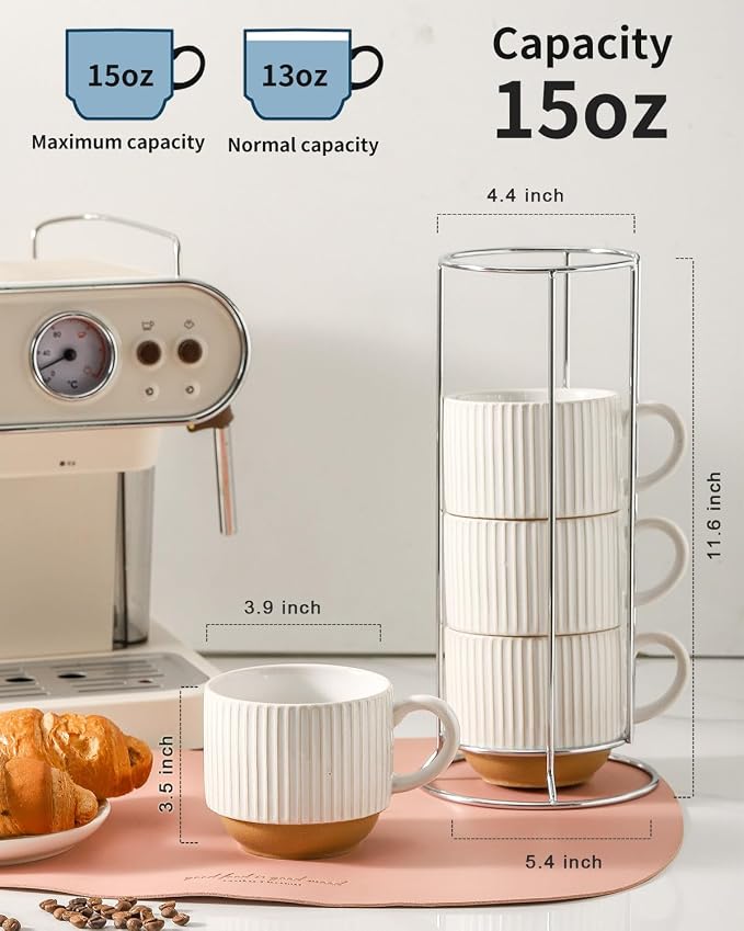 HASENSE 15 oz Ribbed Stackable Ceramic Coffee Mug Set of 4, White & Light Brown Cups with Metal Holder, Dishwasher & Microwave Safe for Cappuccino Tea Hot Cocoa, Wedding Housewarming Gifts - Image 2