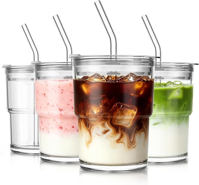 SoulTimes 13oz Clear Glass Tumbler with Lid and Straw – Iced Coffee Glasses Cups for Smoothie, Matcha, Juice, Water etc. Leakproof and Reusable Glassware Drinking for Travel To Go [4Pcs] by SoulTimes