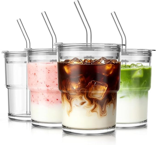 SoulTimes 13oz Clear Glass Tumbler with Lid and Straw – Iced Coffee Glasses Cups for Smoothie, Matcha, Juice, Water etc. Leakproof and Reusable Glassware Drinking for Travel To Go [4Pcs] by SoulTimes